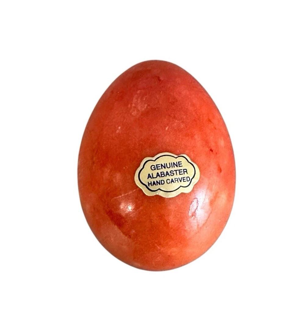 Genuine Alabaster Stone Hand Carved Orange Marble Egg Vintage